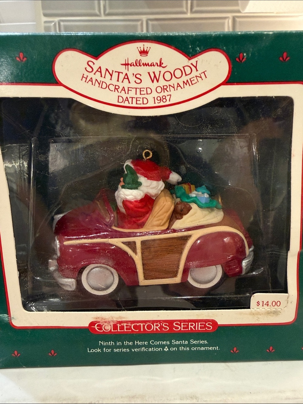 Vintage 1987 Hallmark Santa's Woody Red and Green Car Ornament